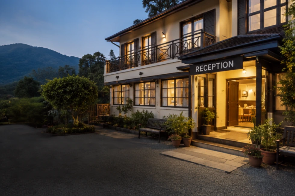 A charming guest house or lodge with inviting outdoor and indoor spaces