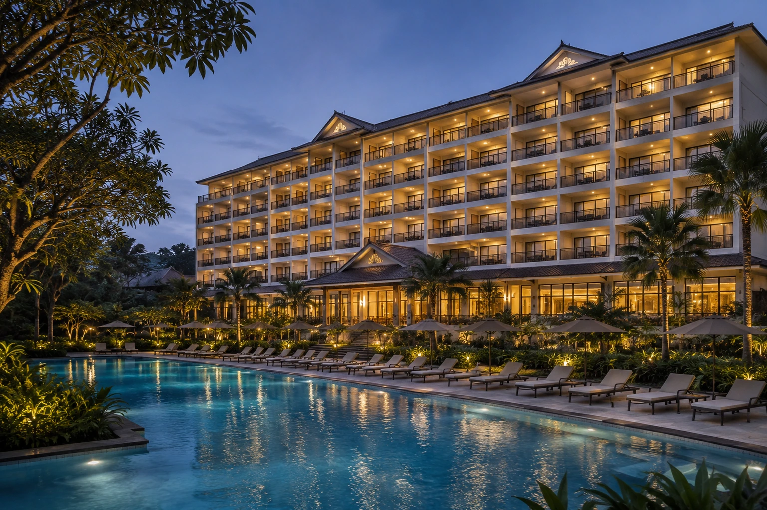A full-service hotel or resort with expansive facilities and grounds
